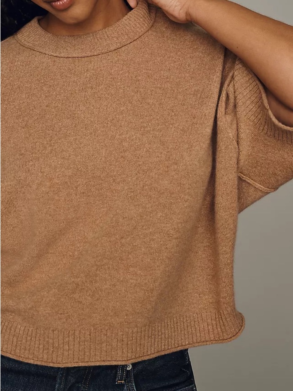 Anthropologie Cropped Crewneck Sweater in Camel Brown